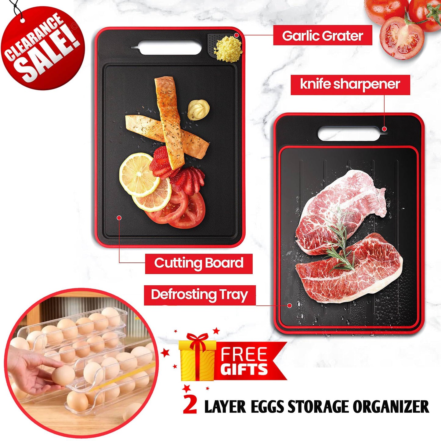 CLERANCE - 4-In-1 Chopping & Defrosting Board + 2 Layer Eggs Storage Organizer FREE